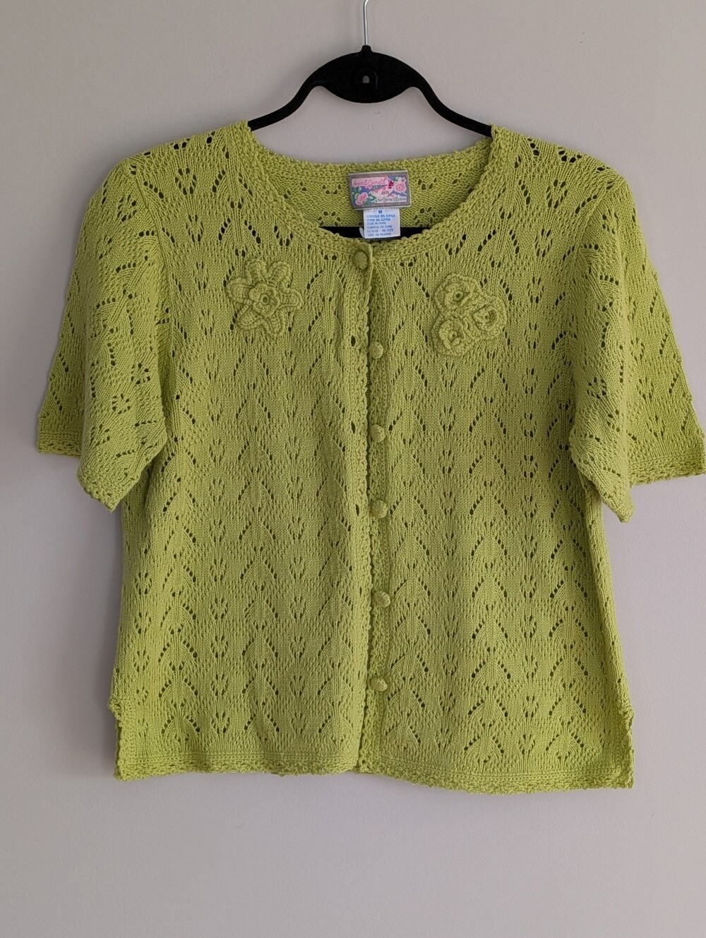Vintage April Cornell Short Sleeve Pointelle Knit Cardigan M